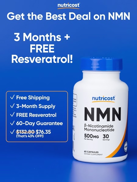 This ad creative features a clear product shot of a Nutricost NMN bottle paired with a high-value, multi-benefit offer list.